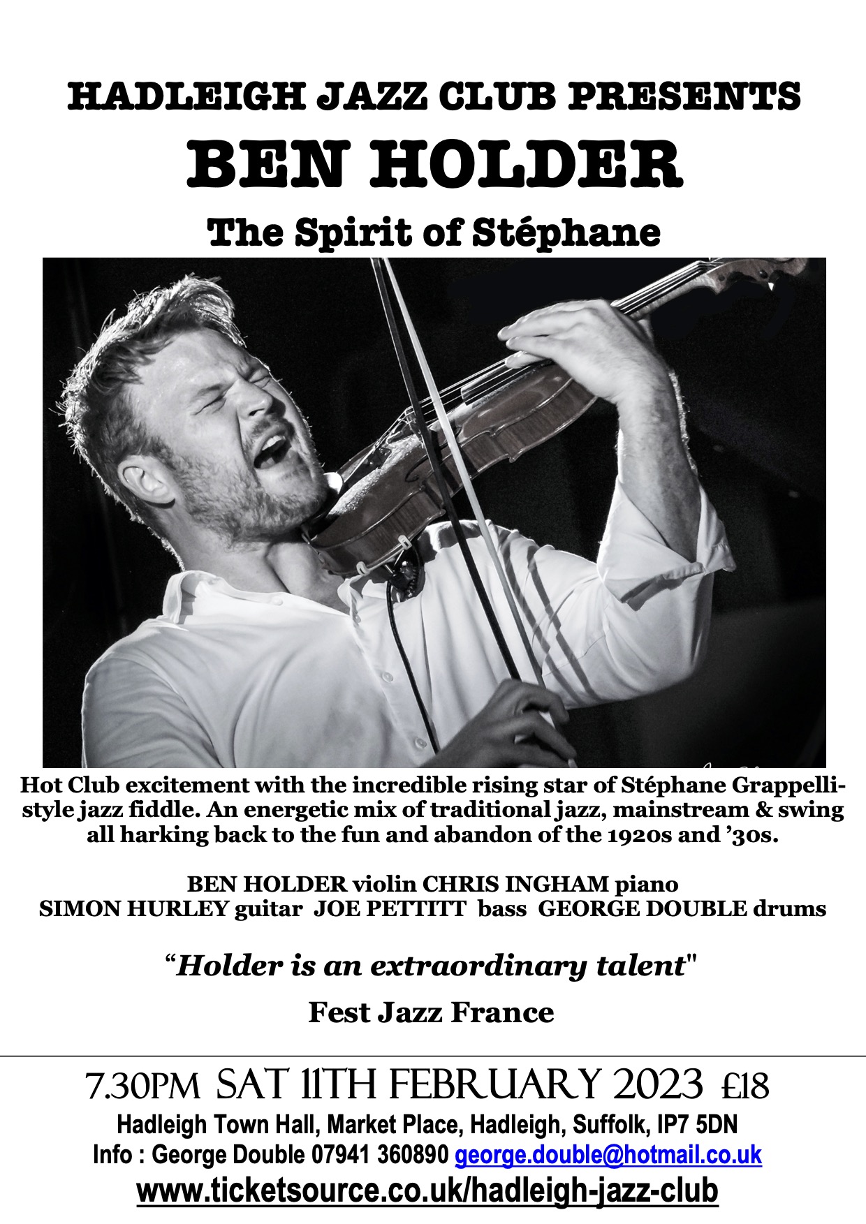 Hadleigh Jazz Club February 11th 2023 - Virtuoso violinist Ben Holder& the Chris Ingham Quartet