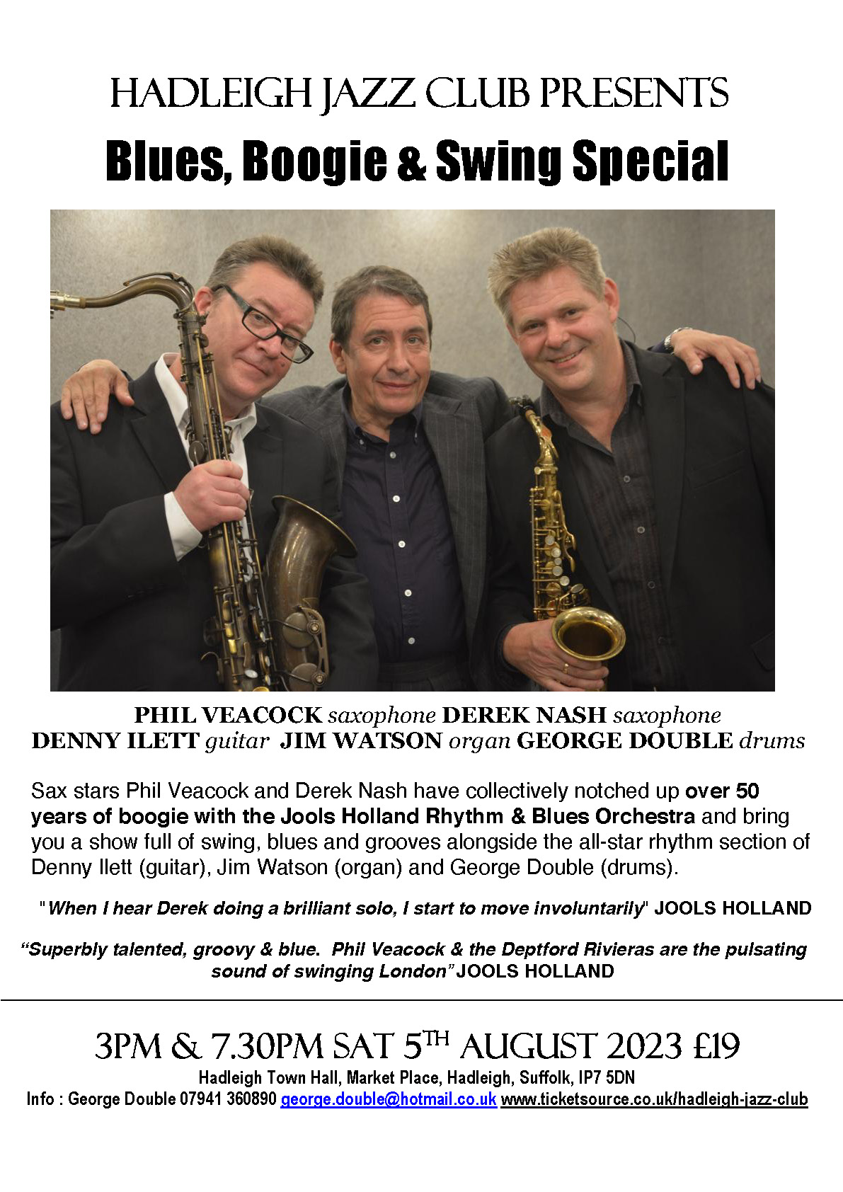 Hadleigh Jazz Club August 5th - Blues, Boogie & Swing Special feat.Two of Jools Holland's Saxophonists